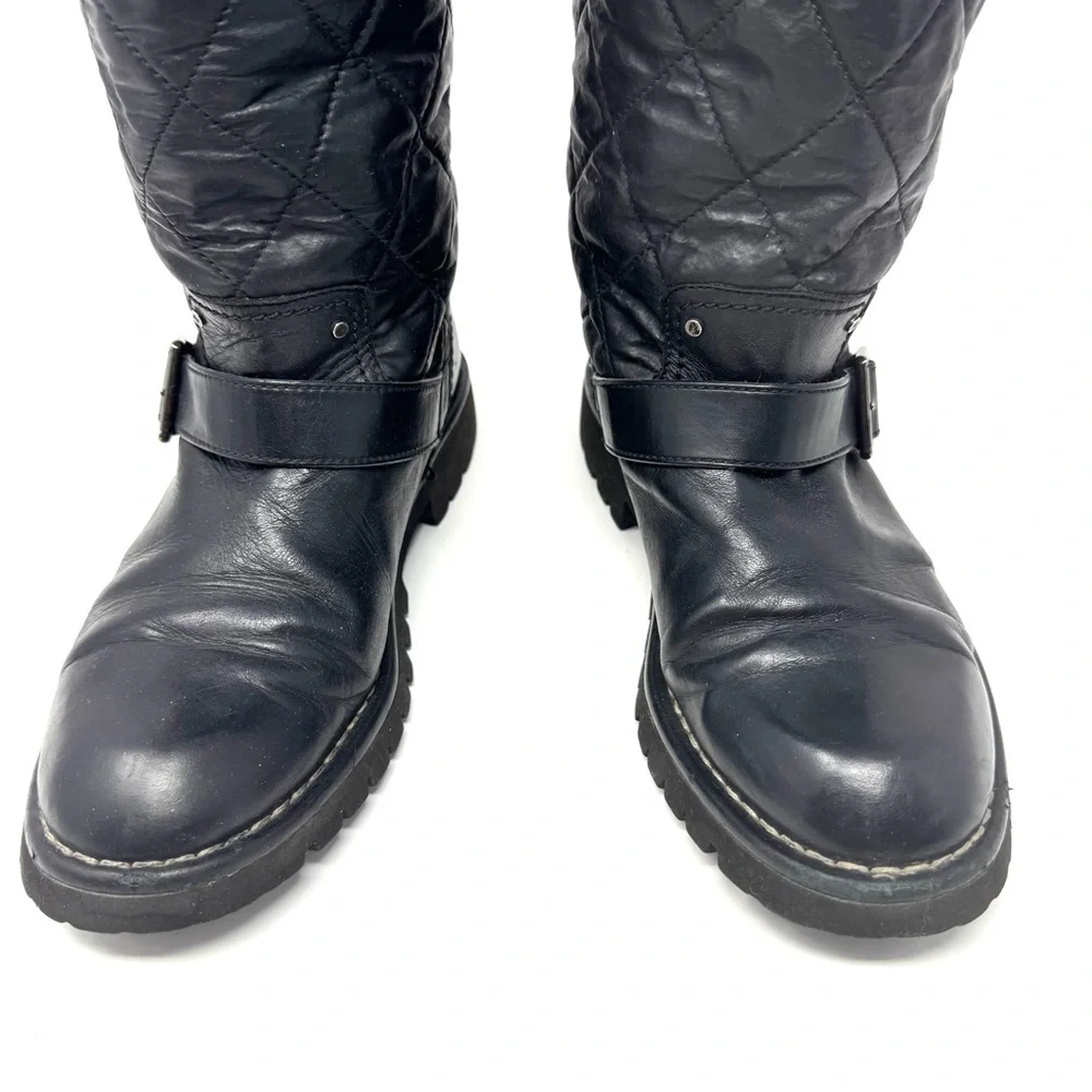 Chanel Black Quilted Calfskin Leather Biker Boots – CC Logo Moto Style (Sz 38.5)
